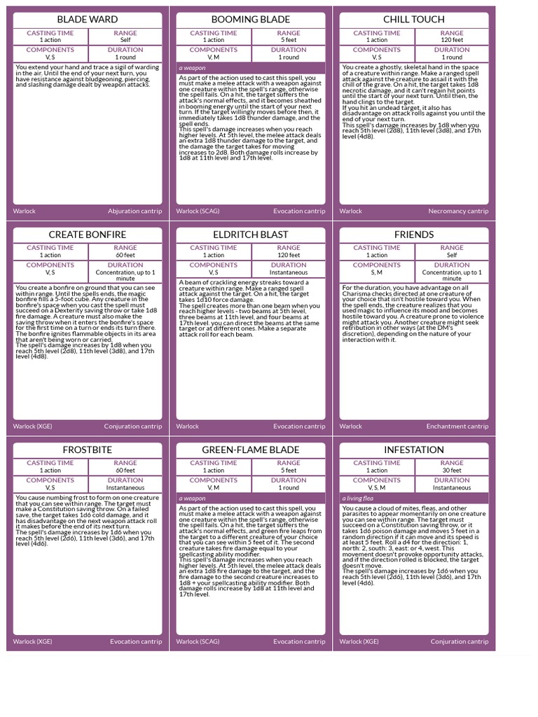 D&D Warlock Spell Cards PDF Nature Nature