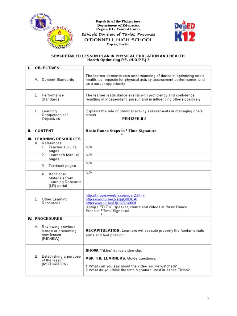 Basic Steps in Folk Dance Semi Detailed Lesson Plan Dances Lesson Plan