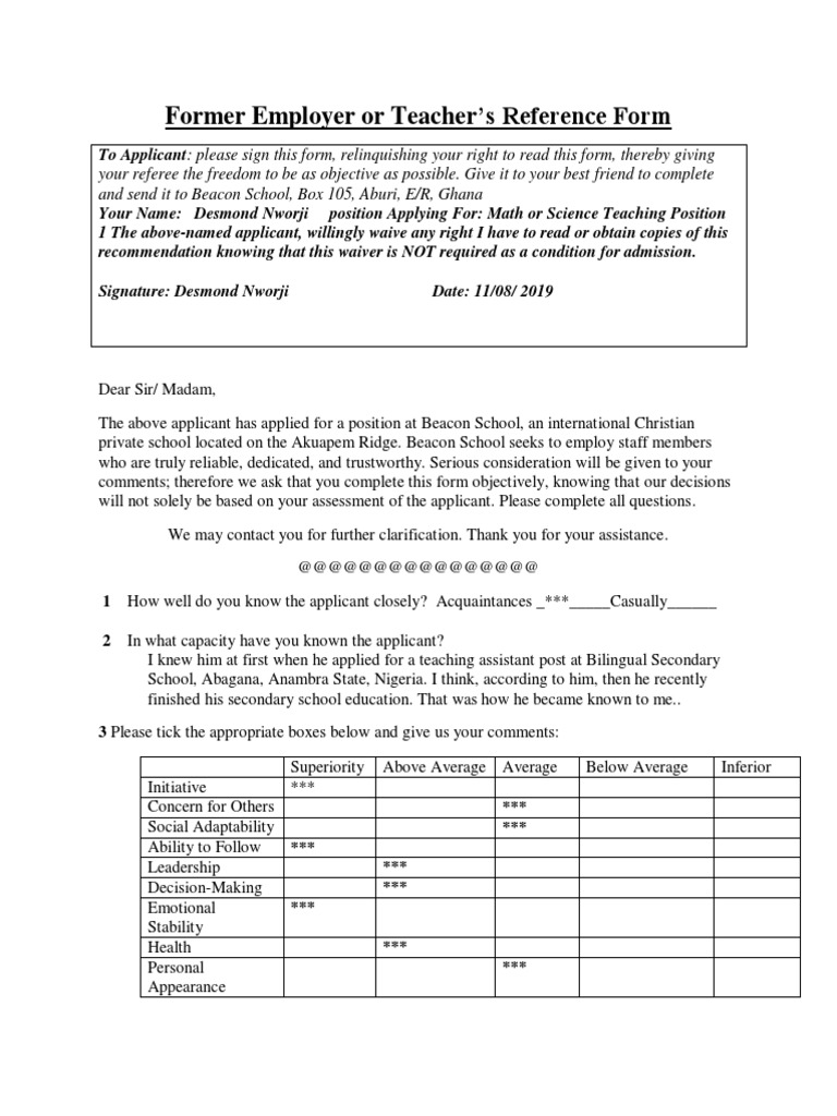 Reference Form for Teaching Position | PDF | Leadership | Applied ...