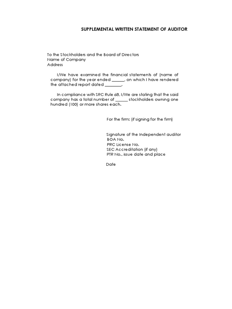 Auditor's Supplemental Statement Template | PDF