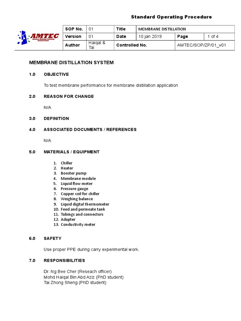 SOP Membrane Distillation PDF Membrane Hvac
