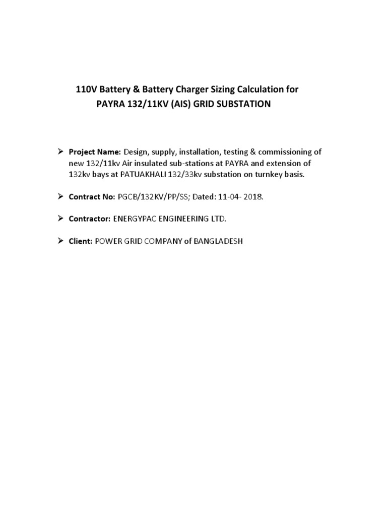110V Battery & Battery Charger Sizing Calculation For Payra 132/11Kv