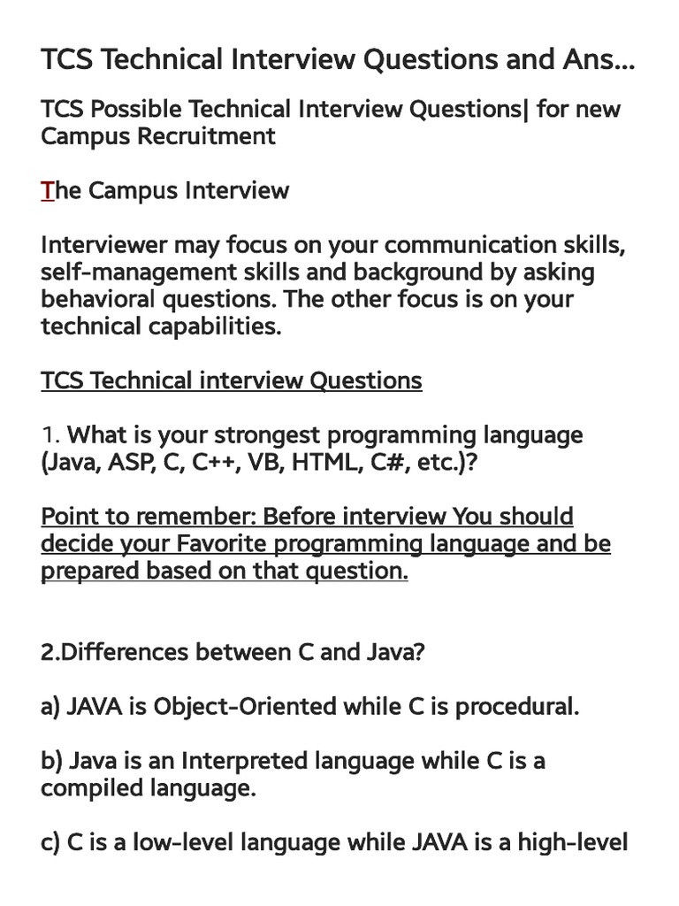 TCS Technical Interview Questions and Ans | PDF | Pointer (Computer ...