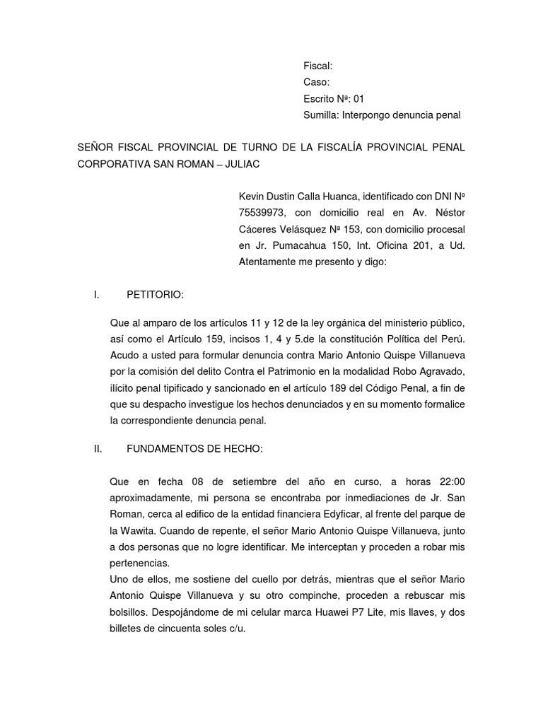 Denuncia Penal por Robo Agravado en Juliaca | PDF | Robo | Crimen y ...