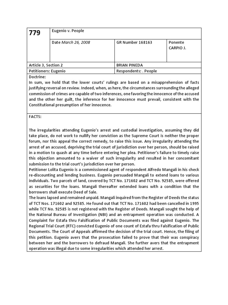 Eugenio v. People: Estafa Case Review | PDF | Burden Of Proof (Law ...