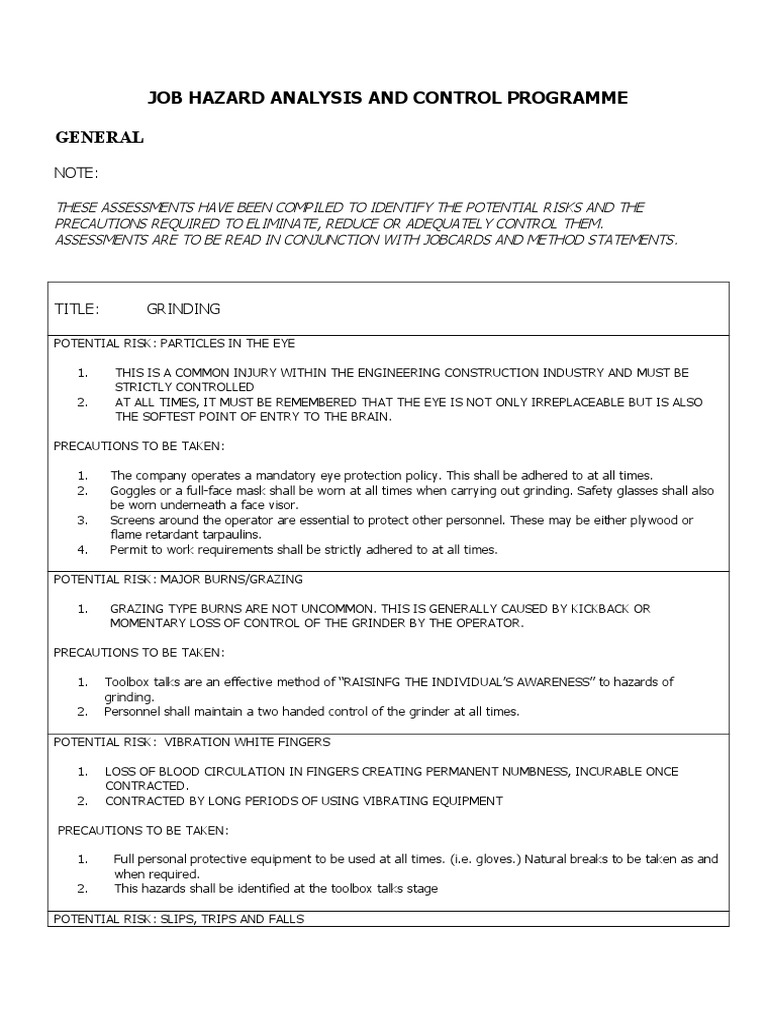 JOB HAZARD ANALYSIS AND CONTROL GrindingJHA PDF Personal