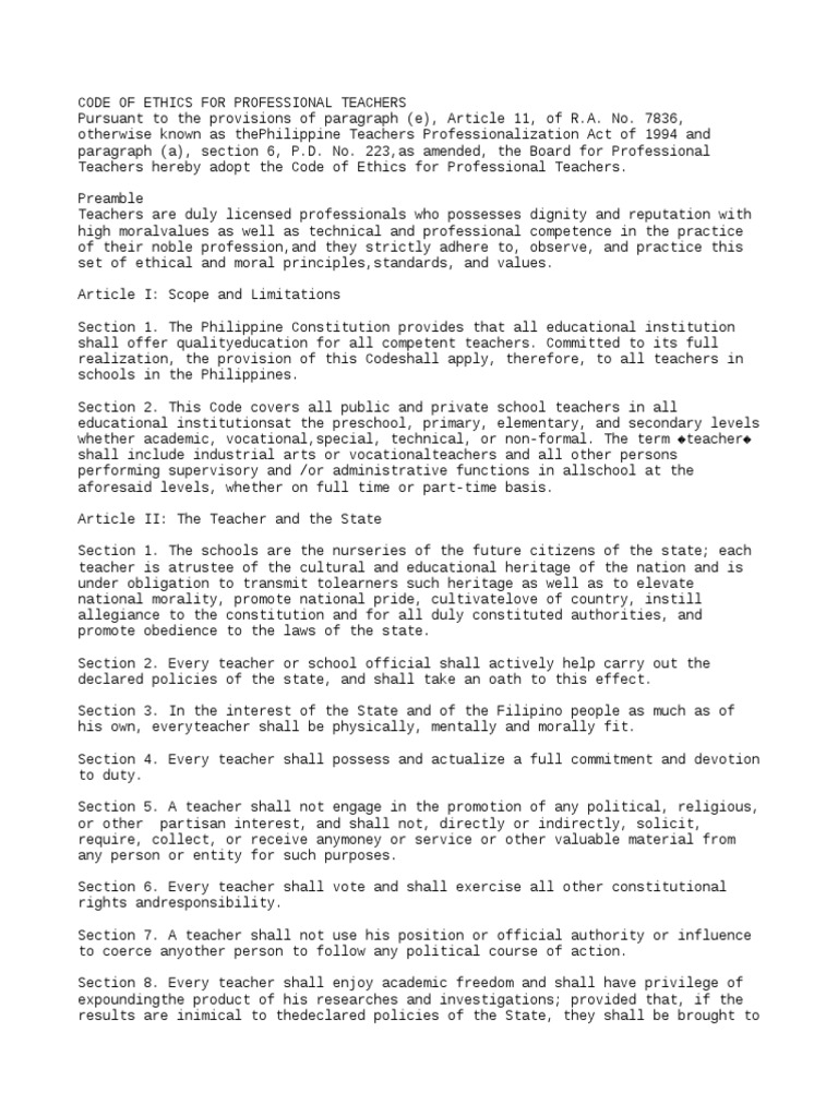 Code Of Ethics For Professinal Teachers Pdf Profession Teachers