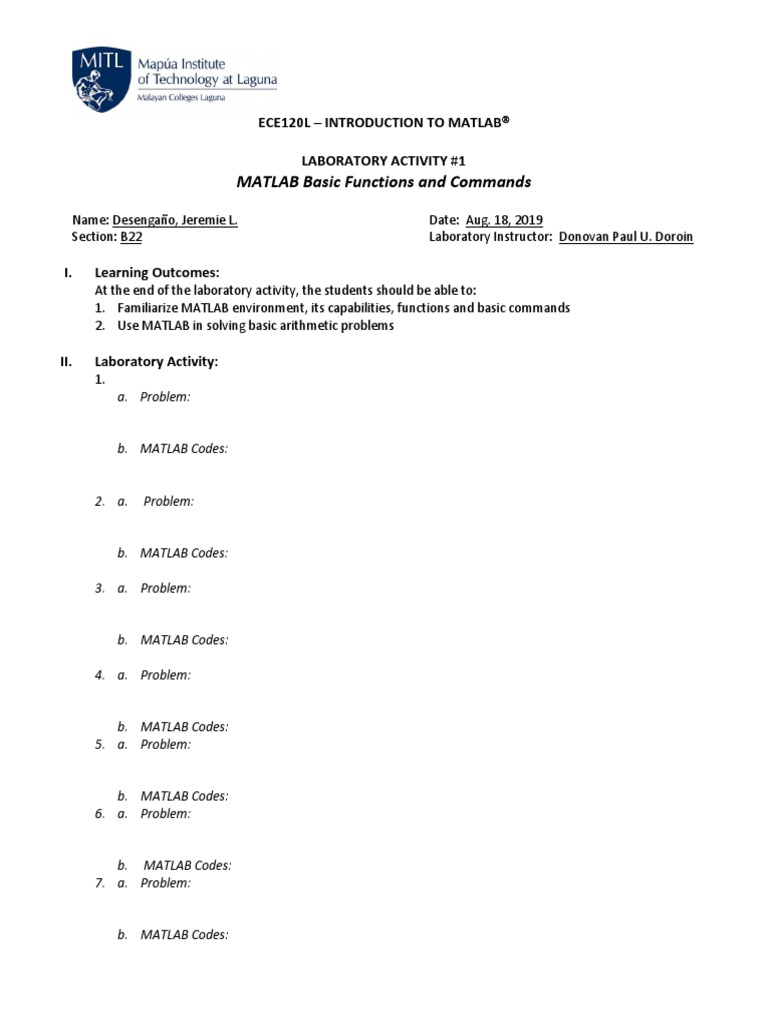 MATLAB Basic Functions and Commands: Ece120L - Introduction To Matlab ...