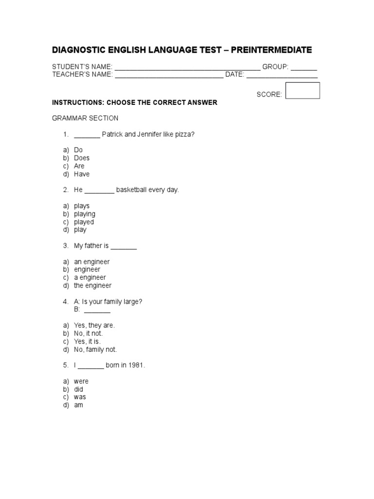 Pre-Intermediate English Diagnostic Test | PDF | Blueberry | Berry