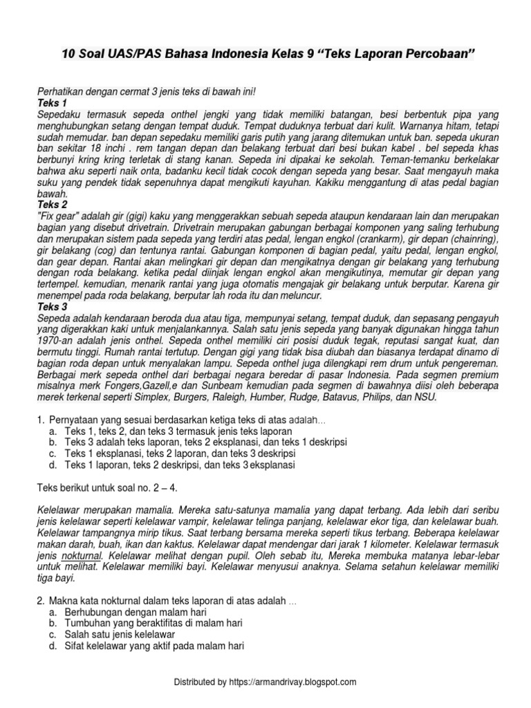 Soal Uraian Teks Laporan Percobaan Seputar Laporan