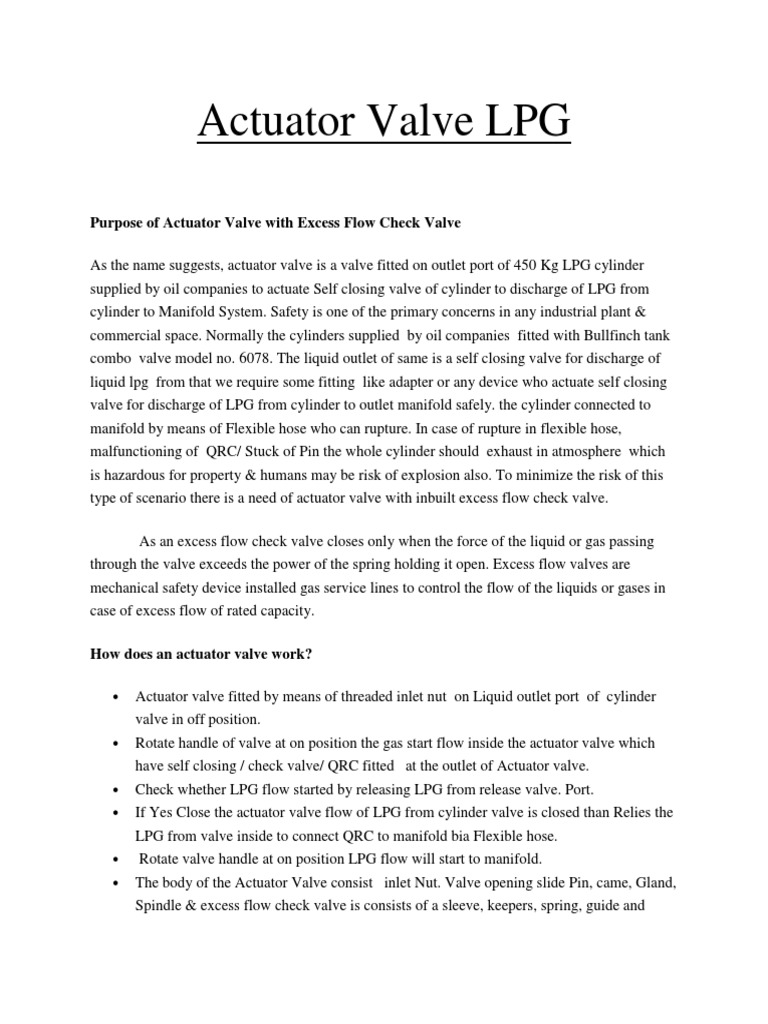 Actuator Valve LPG Purpose of Actuator Valve With Excess Flow Check