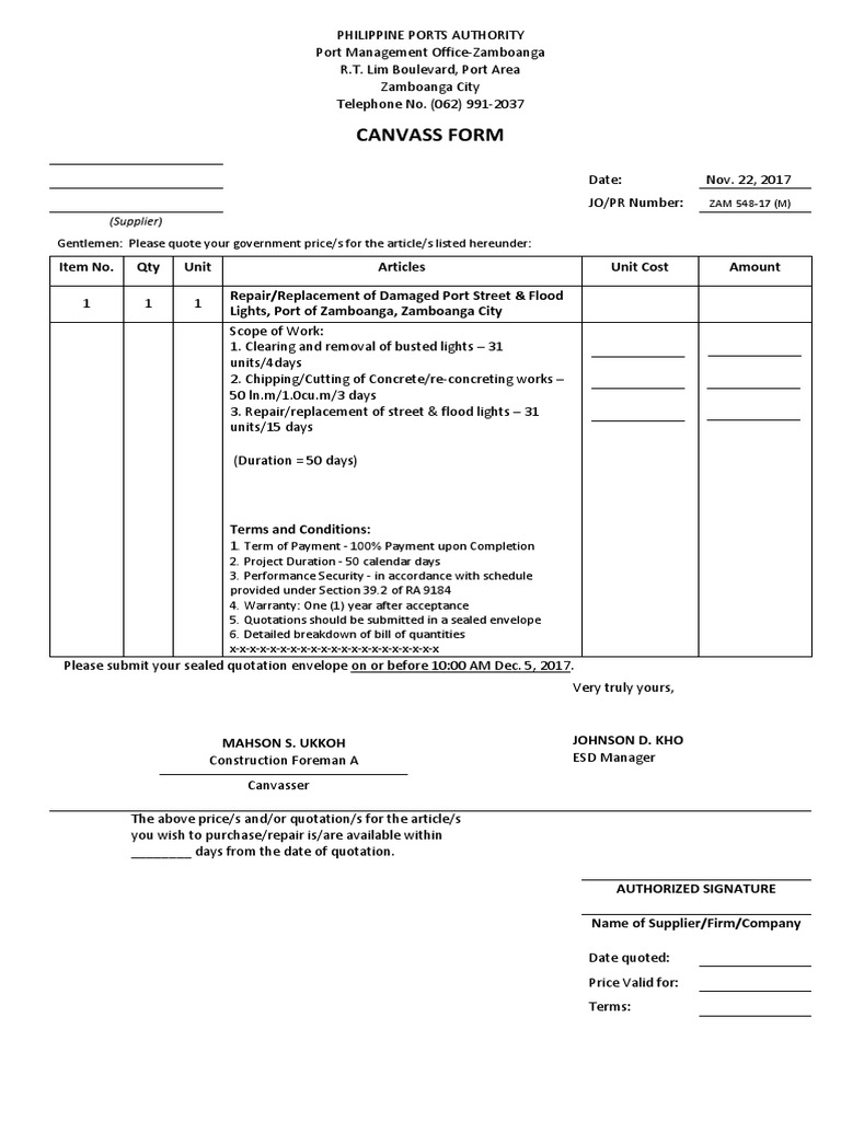 Government Canvass Form for Repairs | PDF | Business | Government