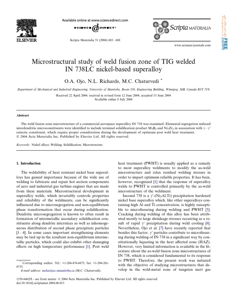 Microstructure of TIG Welded IN 738LC Superalloy | PDF | Alloy ...
