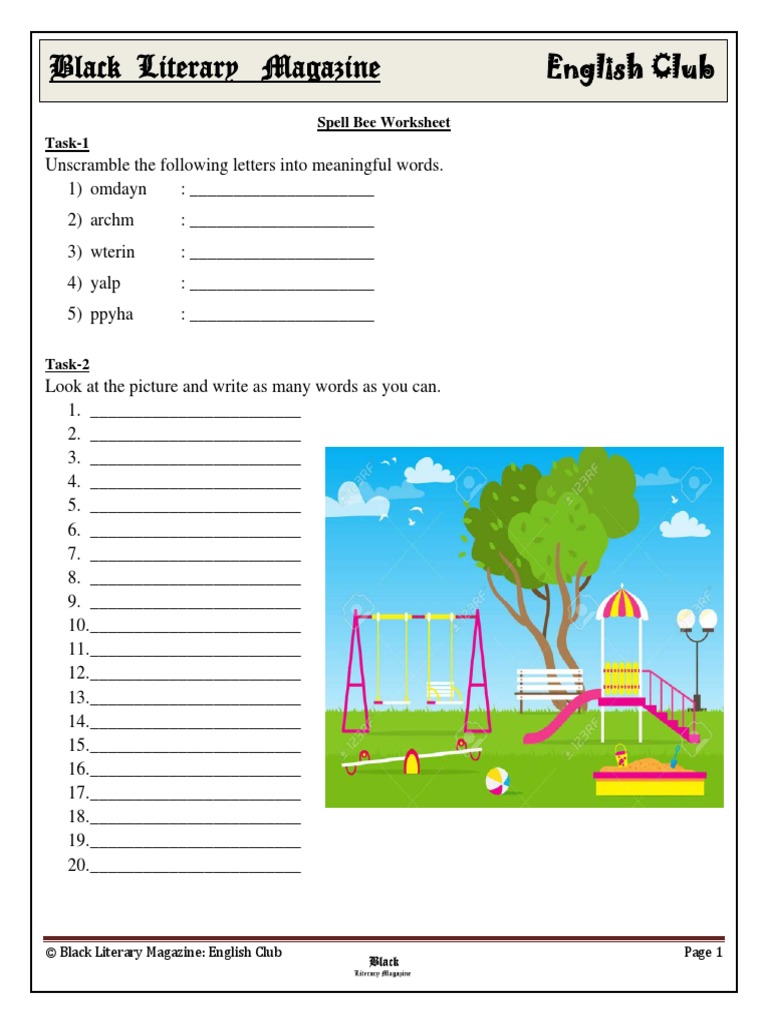 Spell Bee Worksheet Grade 1 PDF
