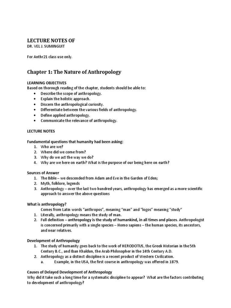 Lecture Notes Of Learning Objectives PDF Anthropology Archaeology