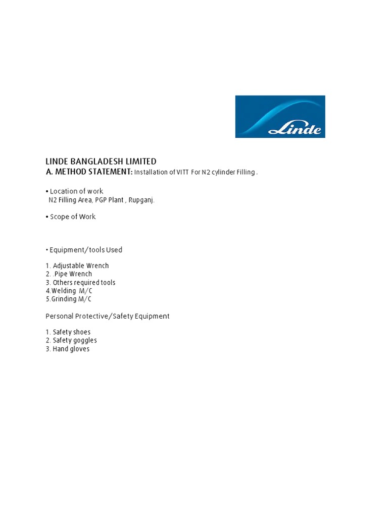 Linde Bangladesh Limited A. Method Statement PDF
