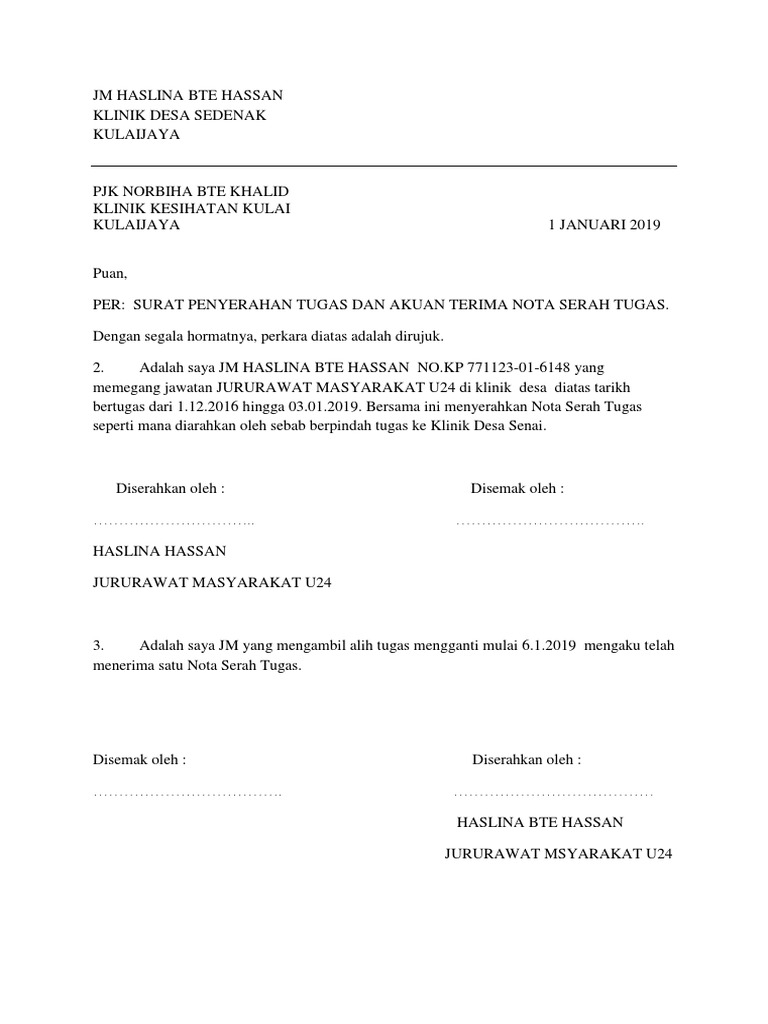 Contoh Surat Serah Tugas Jururawat Letter 7saudara Com