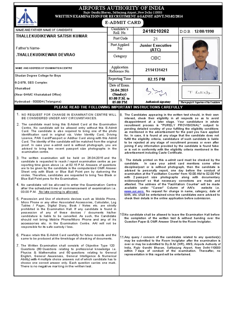 AAI Admitcard | PDF | Test (Assessment) | Identity Document