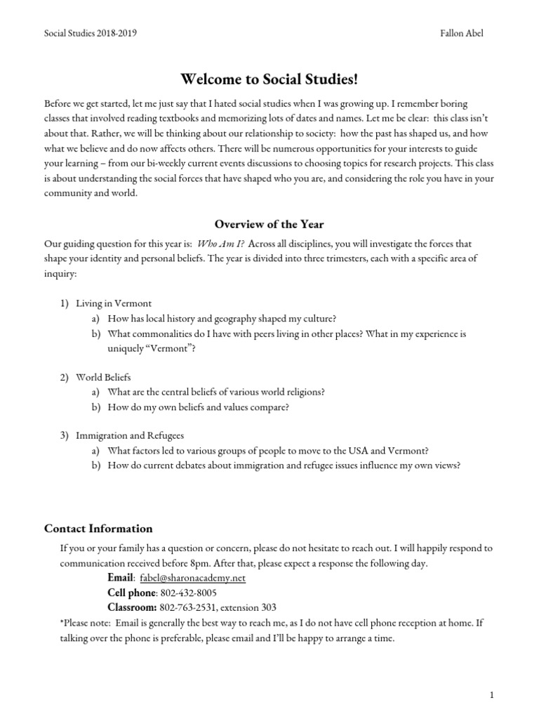 Social Studies Syllabus 2018 2019 Educational Assessment Cognition