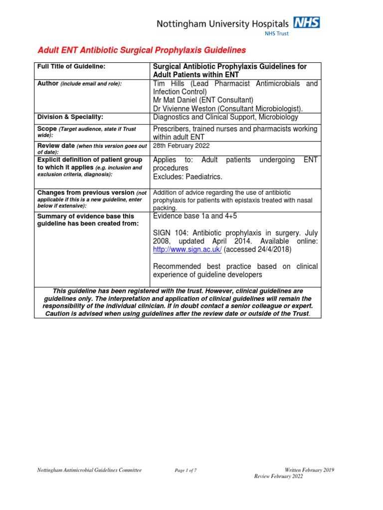 Adult ENT Antibiotic Surgical Prophylaxis Guidelines Full Title of