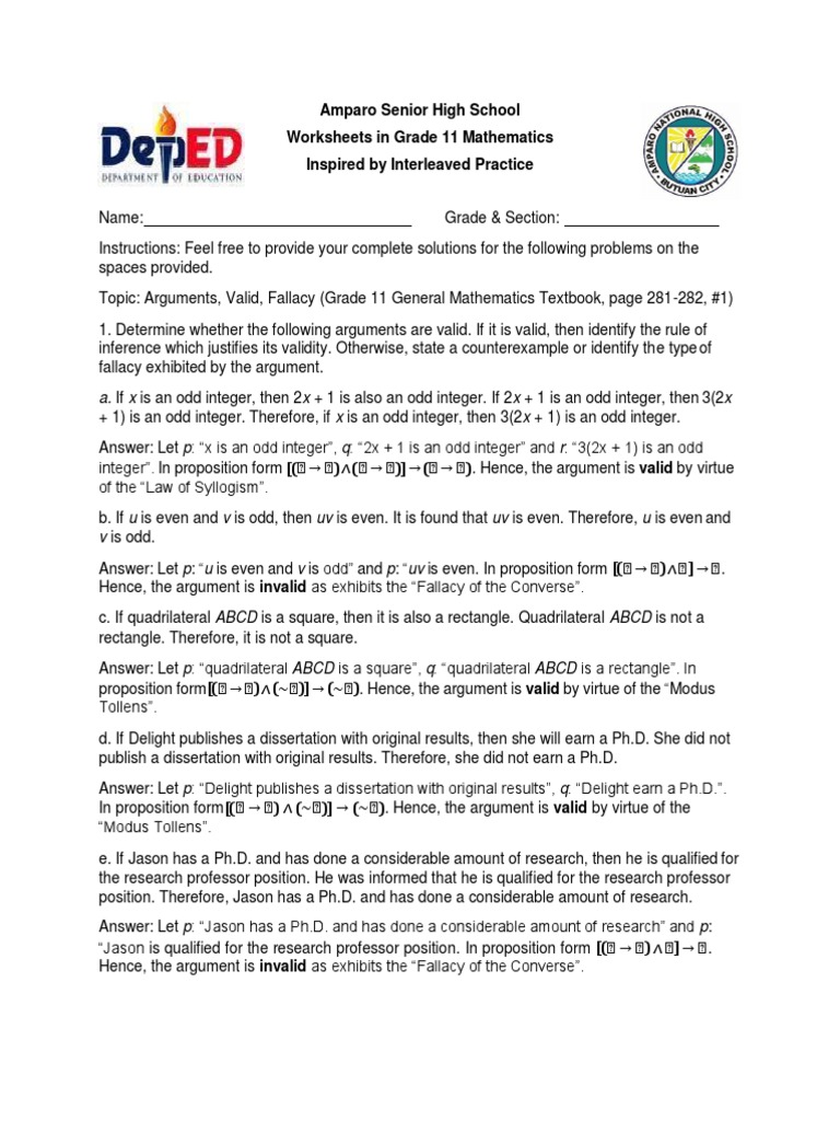 Validity of Arguments in Math Worksheets | PDF | Argument | Fallacy