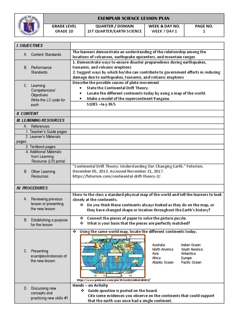 Grade 10 Earth Science Lesson Plan | PDF | Continent | Plate Tectonics