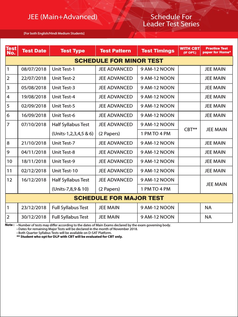Schedule For Leader Test Series JEE (Main+Advanced) | PDF | Education ...