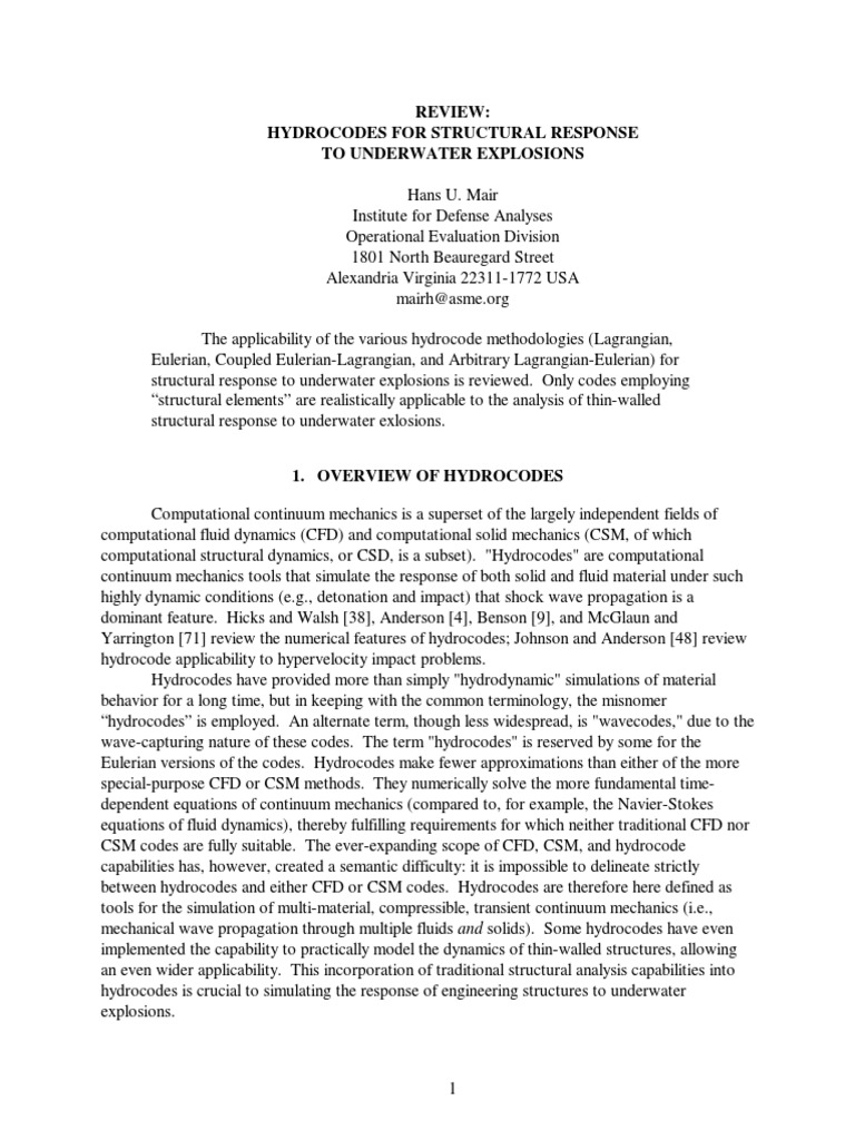 Review: Hydrocodes For Structural Response To Underwater Explosions ...