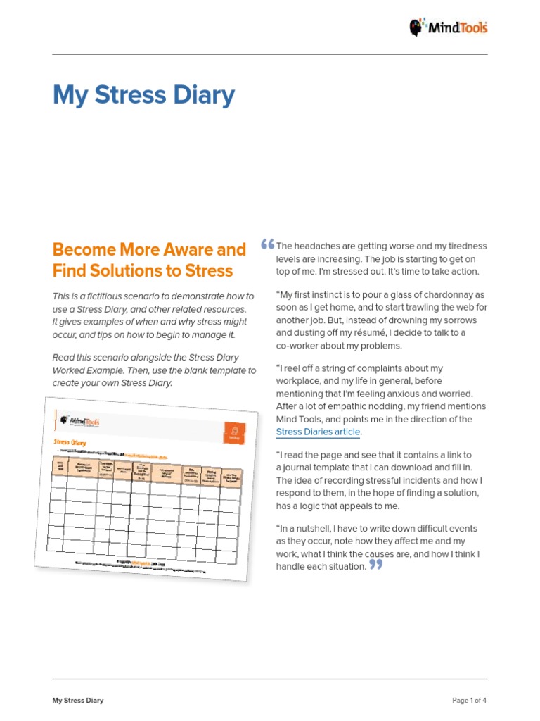 Stress Diary Scenario Worked Example and Blank Template PDF Stress