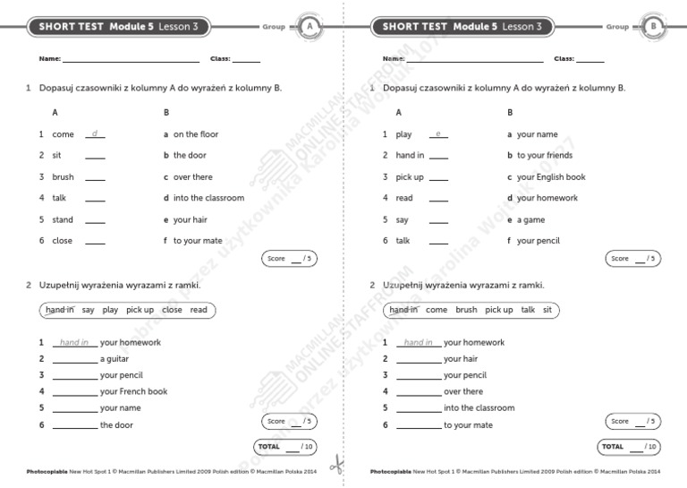 Test Z Angielskiego Klasa 4 New Hot Spot New Hot Spot 1 Short Test Module 5 Lesson 3 PDF | PDF