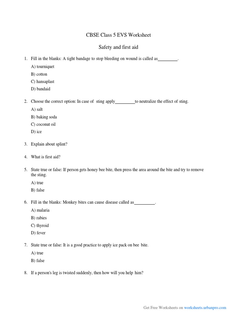 CBSE Class 5 EVS Worksheet Safety and First Aid Get Free Worksheets On