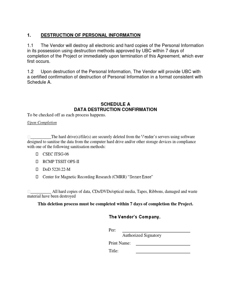Data Destruction Agreement Overview | PDF