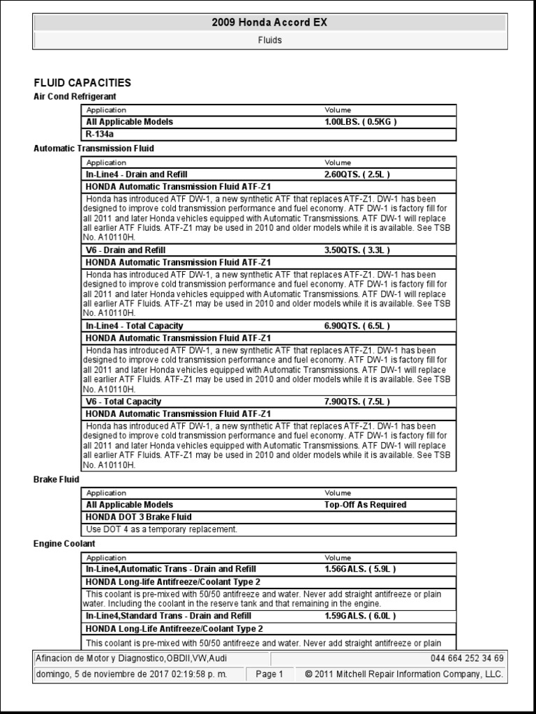 2009 Honda Accord 2.4l Fluid Capacities PDF Motor Oil Automatic