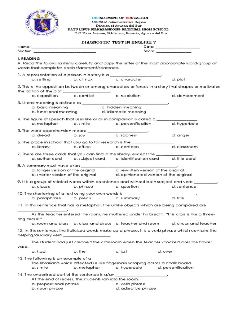 Grade 7 English Diagnostic Test | PDF | Idiom | Stress (Linguistics)