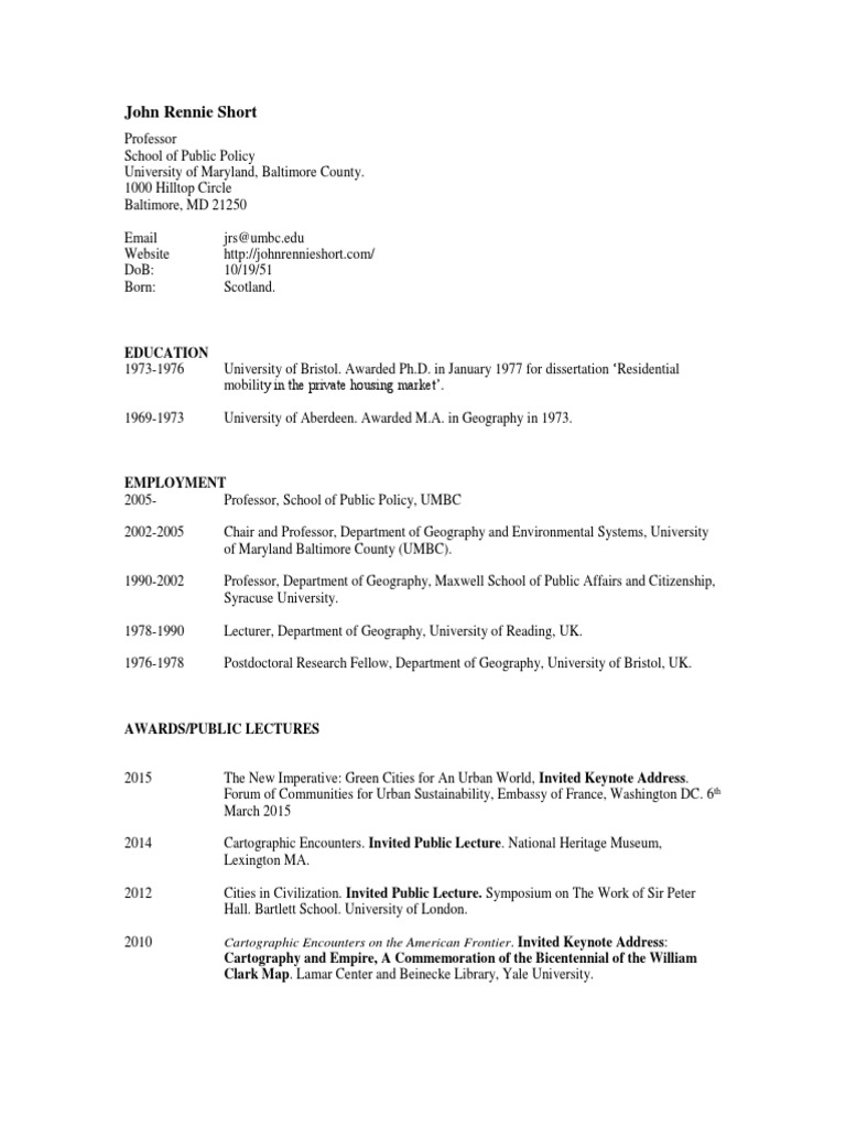 John Rennie Short CV PDF PDF Social Science Geography