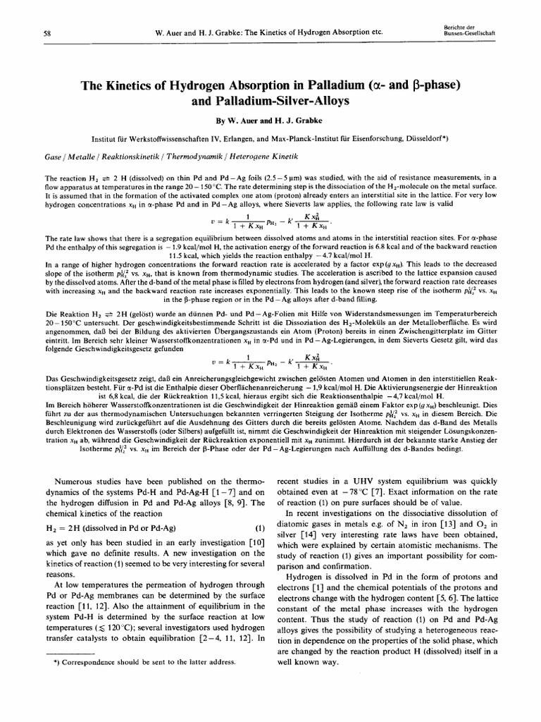 The Kinetics of Hydrogen Absorption in Palladium (A - and P-Phase) and ...