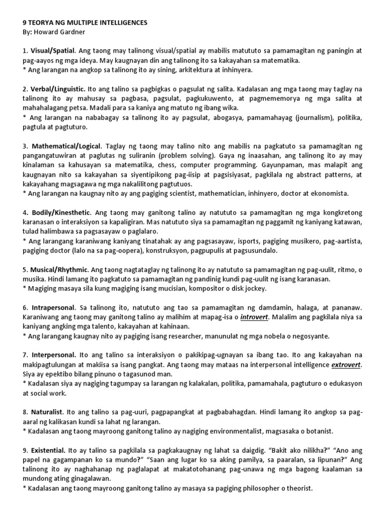9 Teorya Ng Multiple Intelligences Pdf