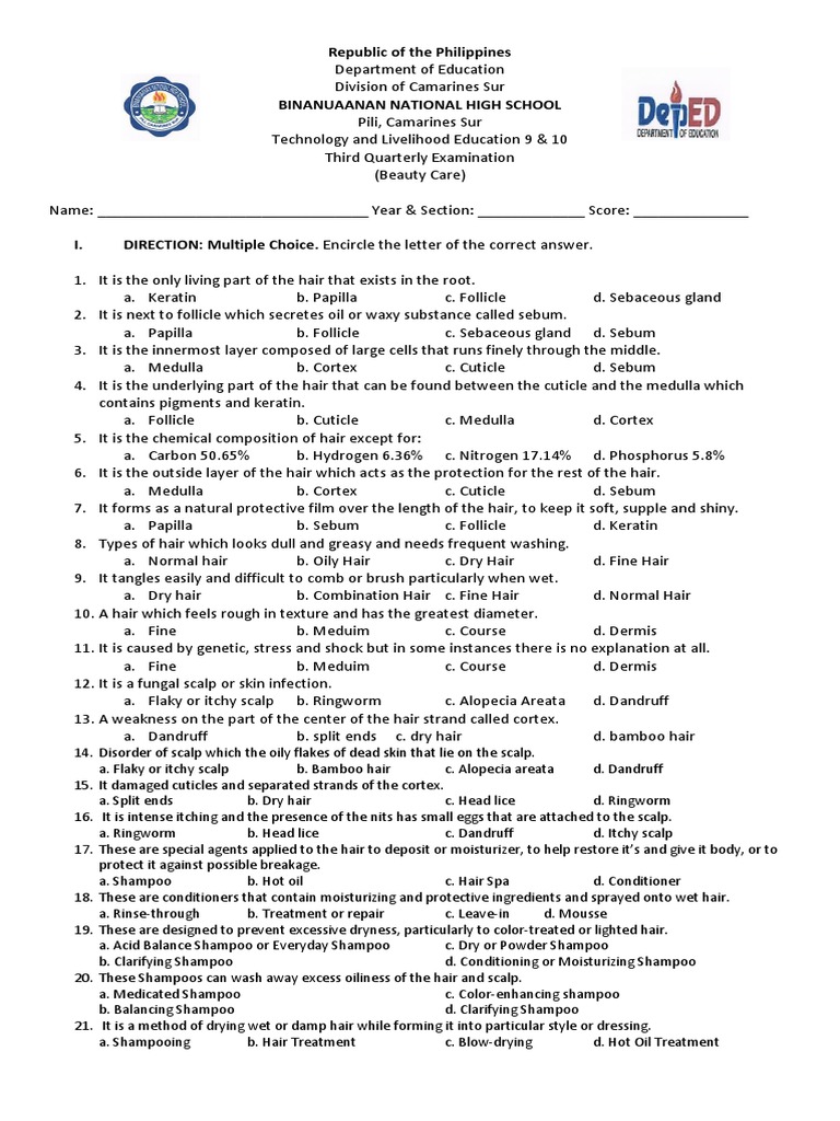 Tle Exam Multiple Choice Eyebrow Personal Protective Equipment