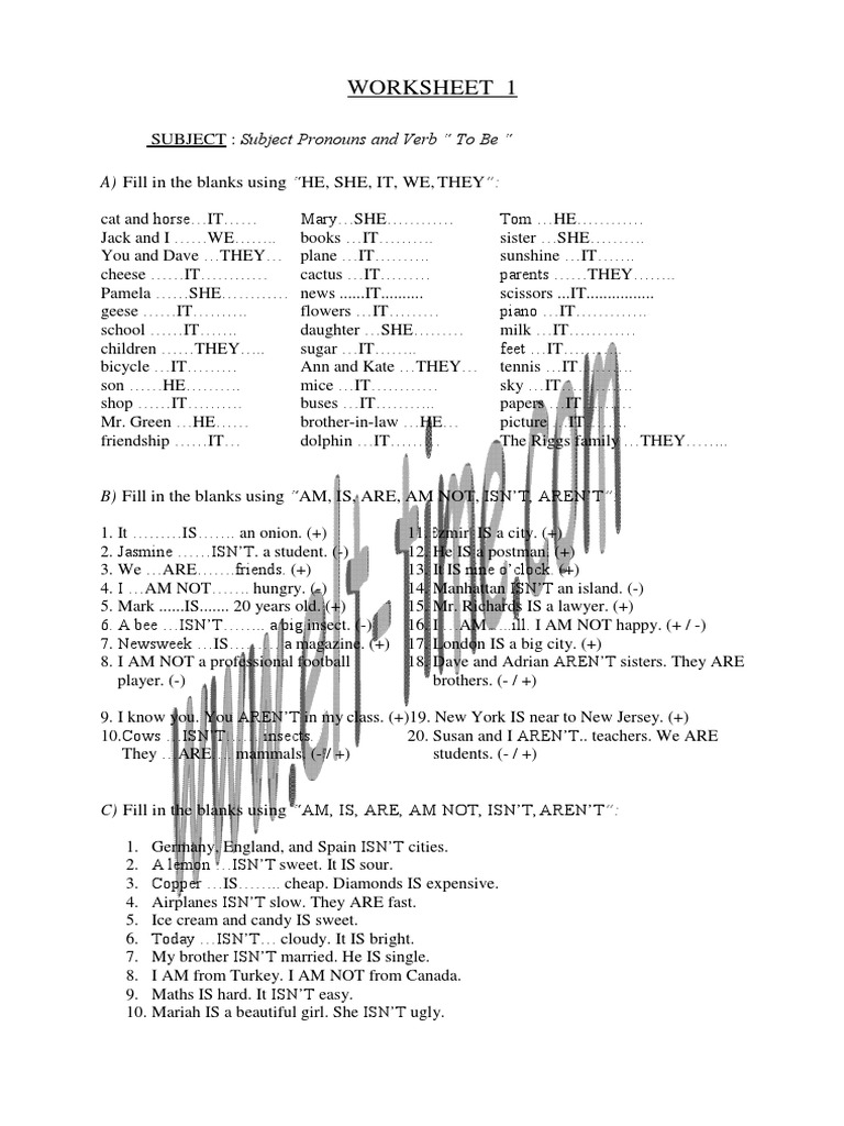 Worksheet 1: A) Fill in The Blanks Using 