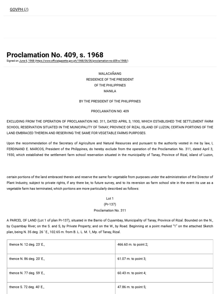 Proclamation No. 409: Land Reservation | PDF | President Of The ...