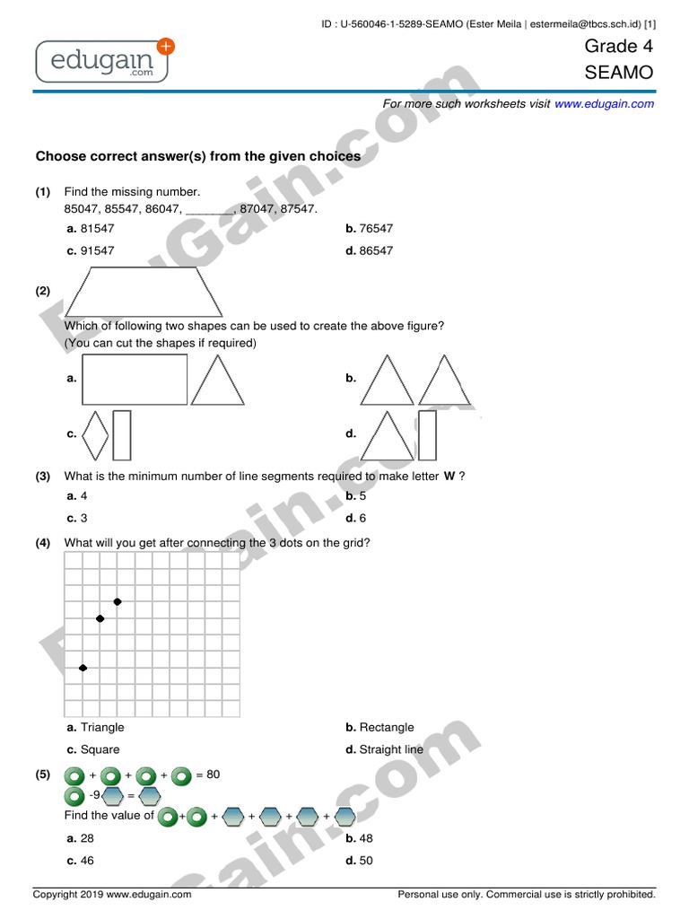 Past paper seamo grade 4 geometry physics mathematics