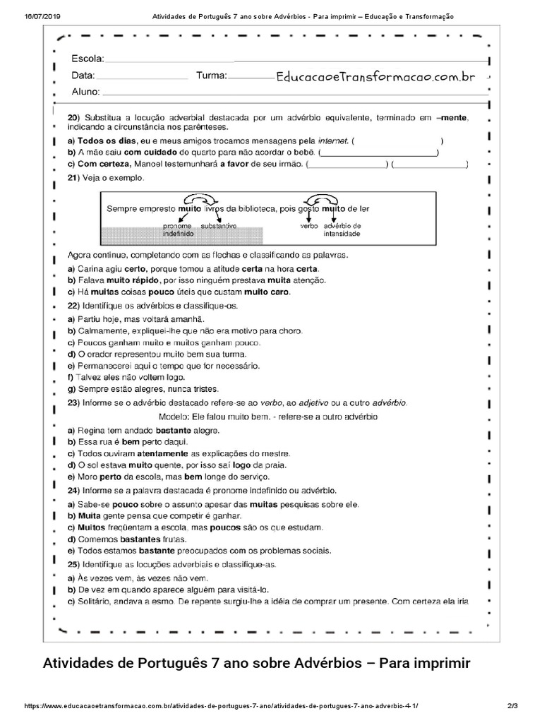 Atividades de Português 7 Ano Sobre Advérbios - para Imprimir ...