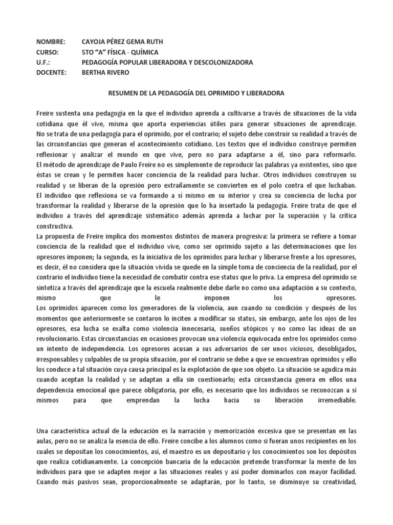 Resumen de La Pedagogia Del Oprimido