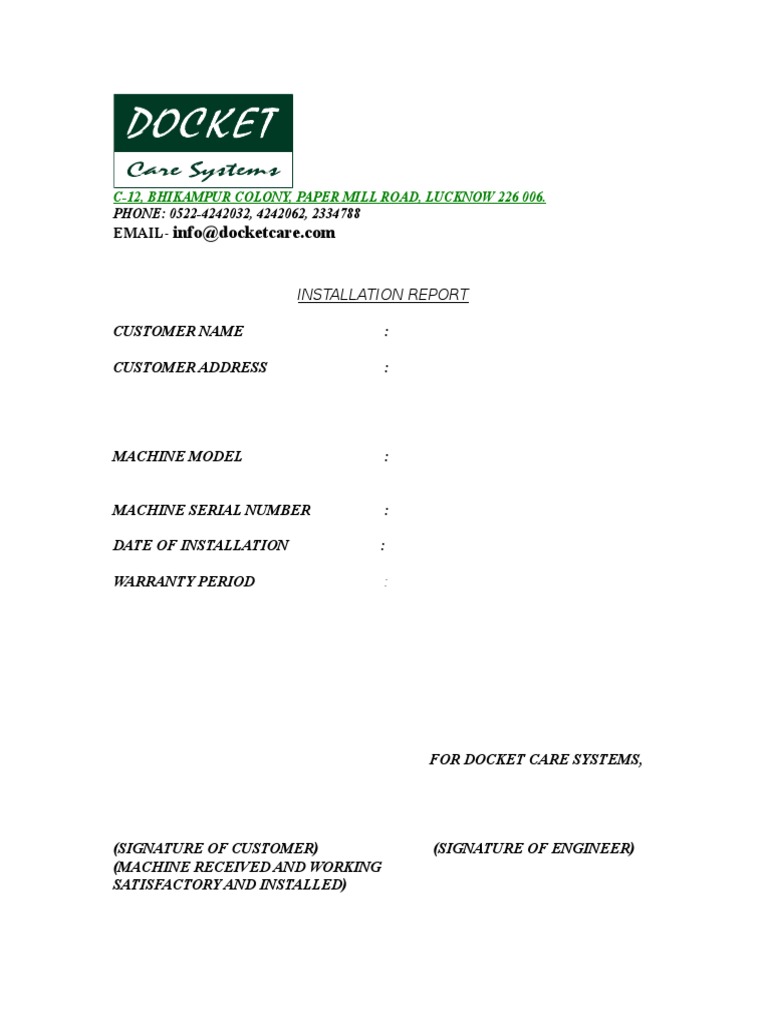 Docket Care Systems Installation Report | PDF | Technology & Engineering