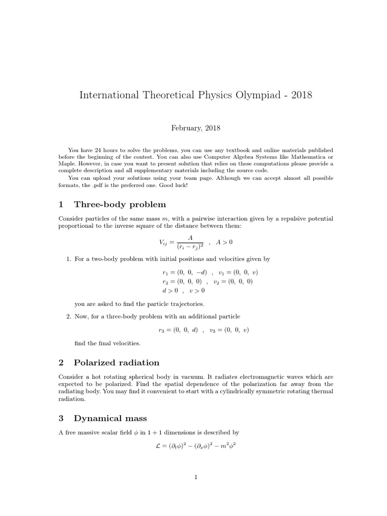 International Theoretical Physics Olympiad 2018 Pdf Electromagnetic