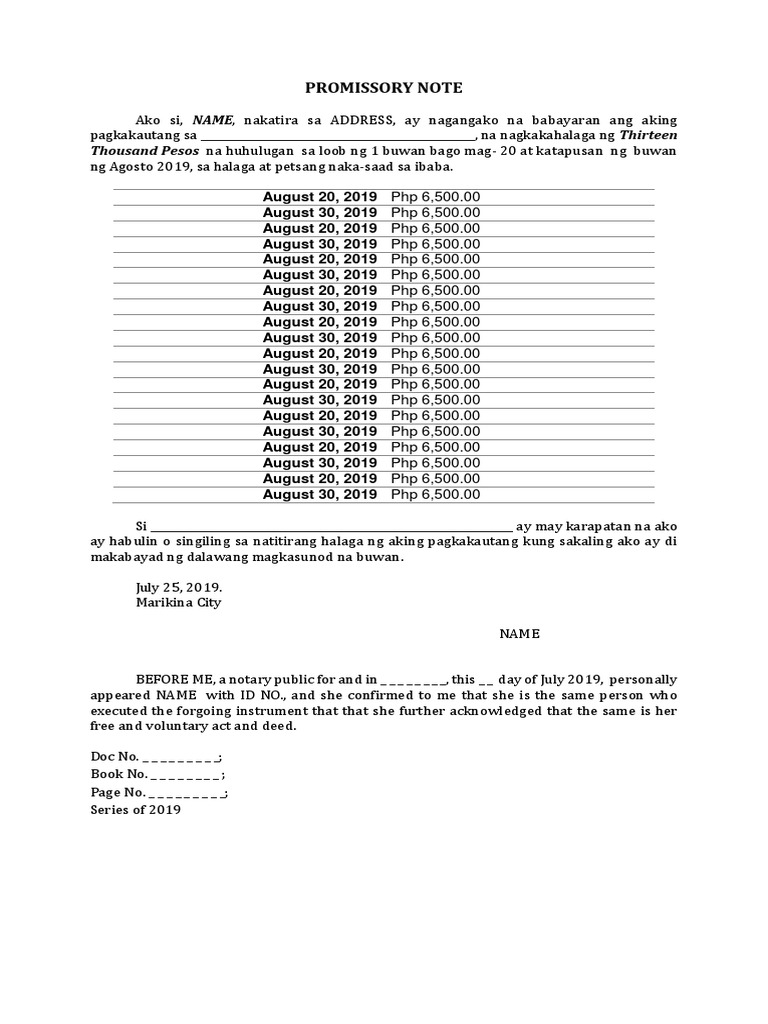 Promissory Note: Thousand Pesos Na Huhulugan Sa Loob NG 1 Buwan Bago ...