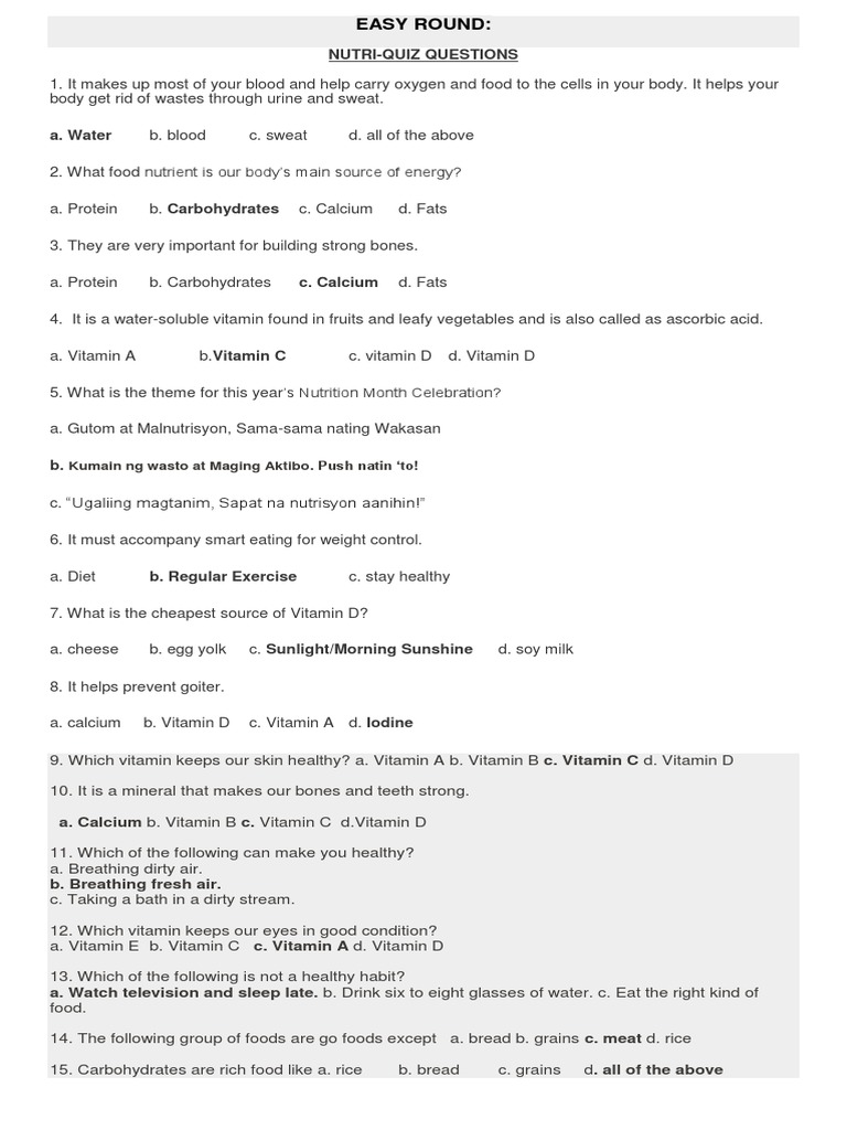 Easy Round:: Nutri-Quiz Questions | PDF | Vitamin | Vitamin C