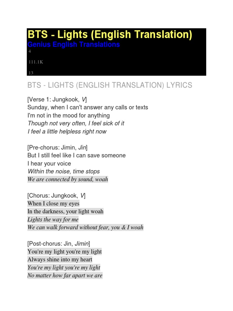 Bts Lights English Translation