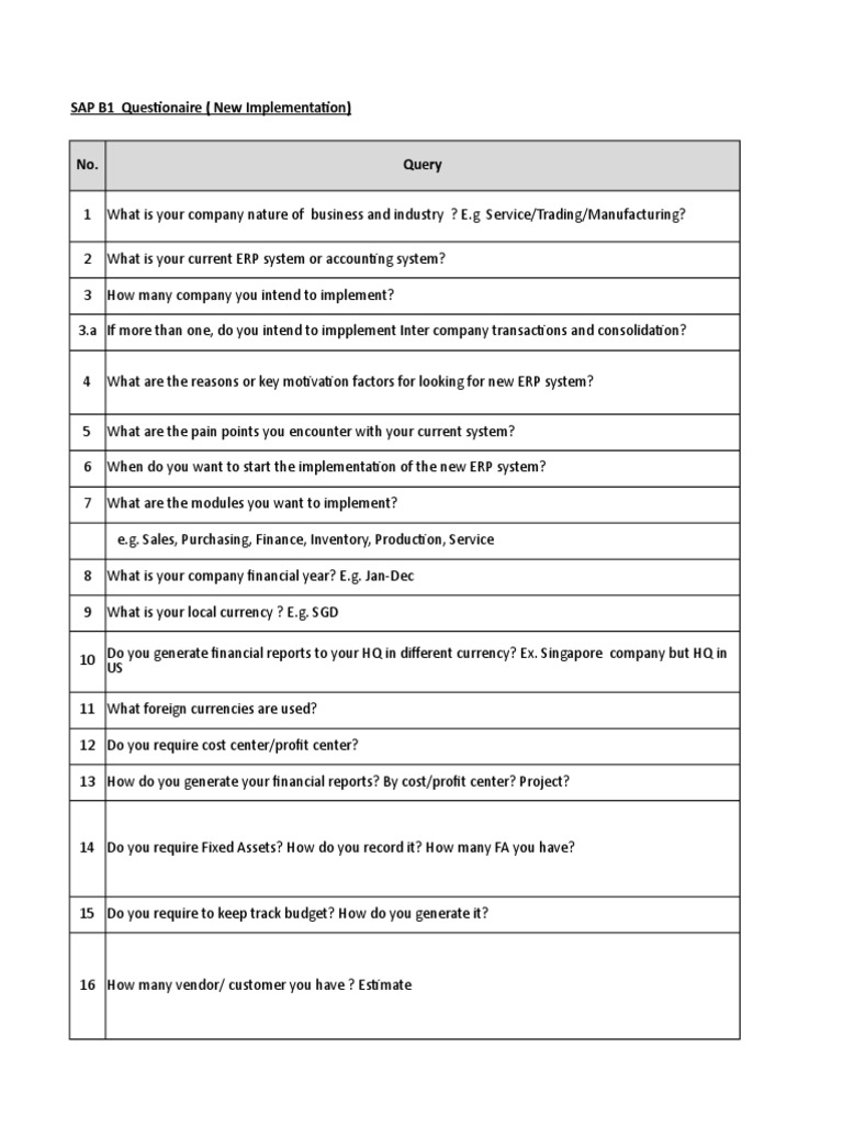 Template SAP B4 Pre-Sales Questionnaire V4  PDF  Inventory Throughout Business Requirements Questionnaire Template