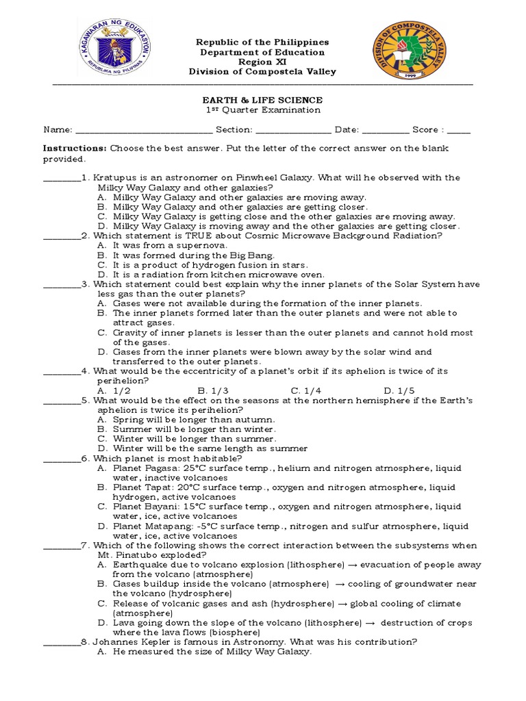 Grade 11 Earth & Life Science Exam Q1 | PDF | Rock (Geology) | Volcano